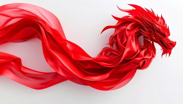 Dramatic Red Dragon Sculpture with Flowing Fabric on White Background.