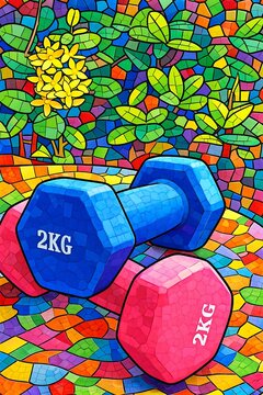 2kg dumbbell animated image background with outdoor mosaic design background