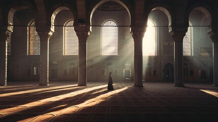 Fototapeta premium Silhouette person walking in historic sunlit arched corridor with warm golden light