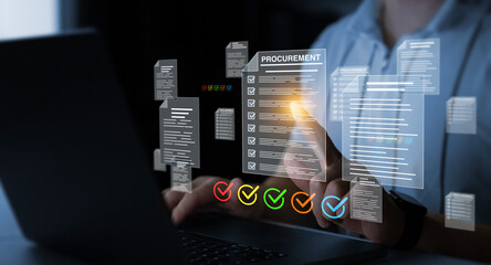 Procurement document and invoice workflow in business. Corporate paperwork,approval,compliance and finance process,showing digital management, control, efficiency and professional office operations.	