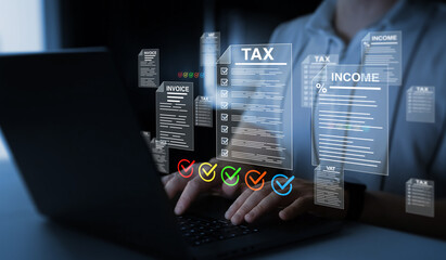 Digital tax calculation concept featuring income reporting, VAT, budget control, online payments and modern accounting for business and finance.	

