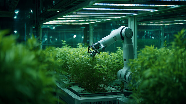 Automated indoor farm robotic arm tending to plants for efficient agriculture and cultivation tech design