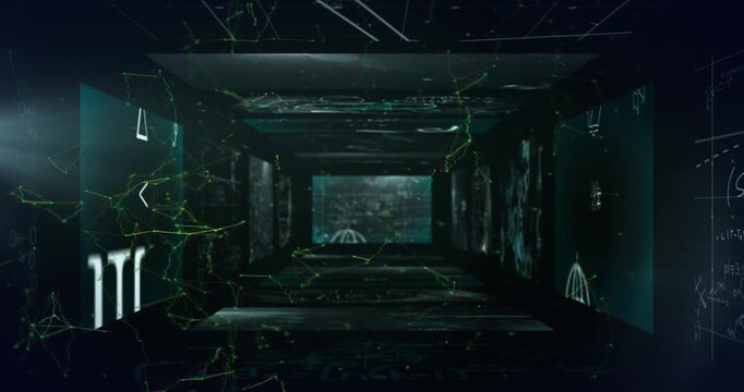 Animation of data processing over screens on dark background