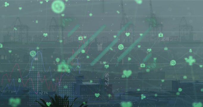 Animation of multiple medical icons connected with lines, graphs, viewfinder against buildings