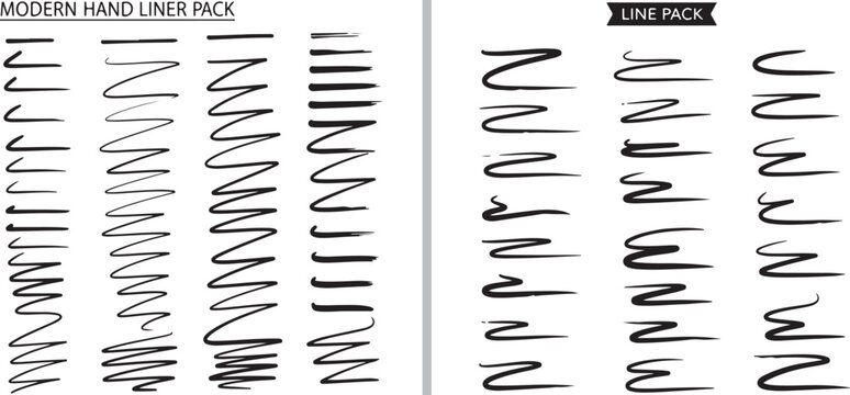A collection of black hand-drawn vector brush strokes, zigzags, and scribbles. Features various line weights and textures including "Modern Hand Liner Pack" and "Line Pack" styles on white.