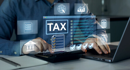 Tax calculation and financial accounting concept. Online taxes, VAT, income, budget planning and digital finance management.	
