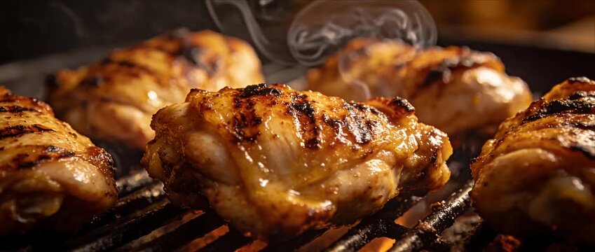 Grilled chicken thigh barbecue smoke close up cinematic cooking commercial food on hot grill, juicy sizzling meat, golden glaze, char marks, smoky flame for menu advertising