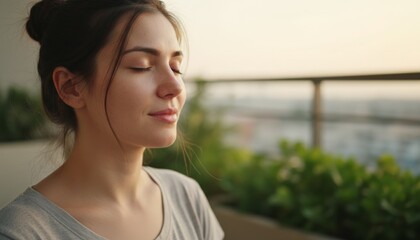 Naklejka premium Woman meditating on hotel balcony close portrait with eyes closed and soft sunrise glow on skin