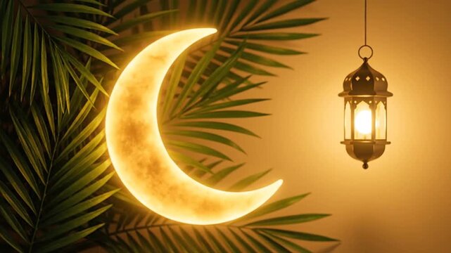 Glowing crescent moon and lantern with palm leaves on warm background