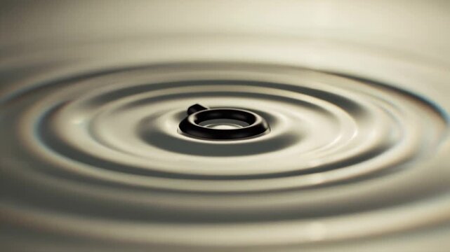 Cinematic 4K abstract stock video, single black ink glyph floating glossy cream surface, morphing smoothly mystical symbols, geometric shapes alchemical signs ring waves propagating outward surface