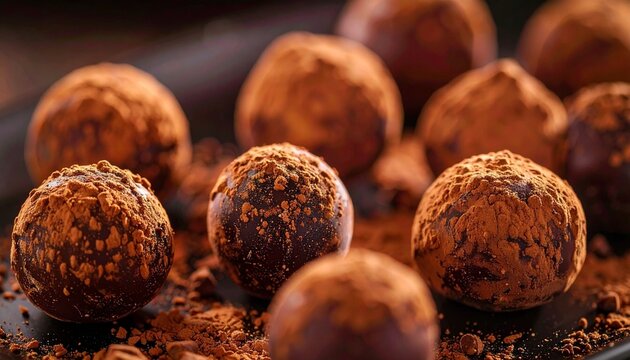Chocolate truffles covered in cocoa powder, a sweet treat displayed on a dark surface, captured in a close-up shot from a slightly elevated viewpoint