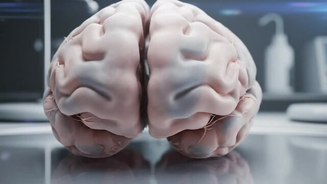 Detailed close-up of a human brain on a reflective surface within a clinical setting, neurology concept