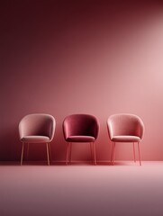 Obraz premium Elegant trio of pink chairs against a gradient red backdrop, showcasing contemporary design and vibrant color contrast.