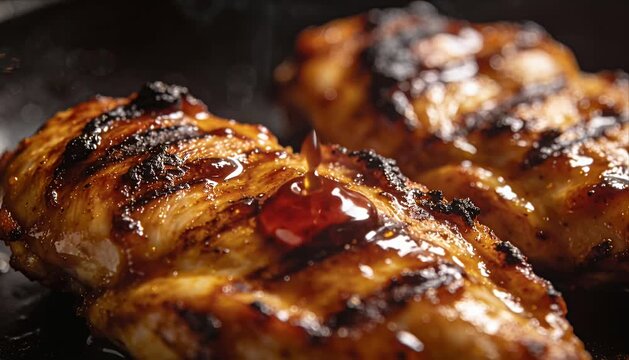 Grilled chicken barbecue food close up cinematic cooking commercial shot with sticky glaze dripping over charred meat, sizzling on grill pan, caramelized skin, smoky char, menu advertising