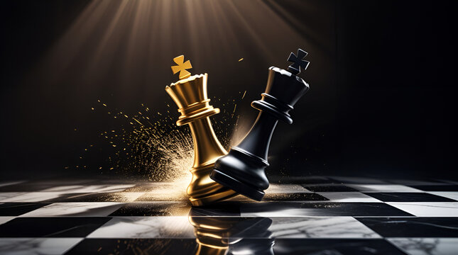 Golden chess king knocking over black king piece, business strategy and checkmate concept