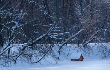 Snowy Landscape with a Small Wooden Hut