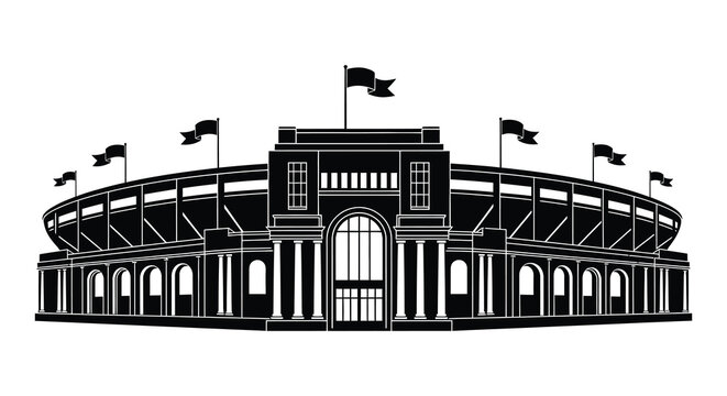 A detailed black and white illustration depicts a classic baseball stadium with waving flags presented as a striking silhouette