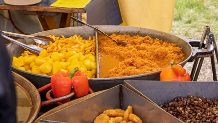 Stewed sauerkraut and golden roasted potatoes display