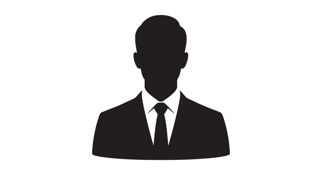 A stark black silhouette depicts a man in a suit and tie presenting a formal and anonymous figure silhouette