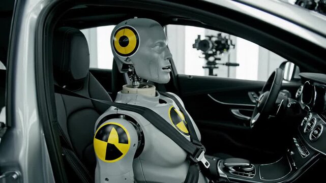 Side View of Crash Test Sitting in Driver Seat of Modern Car Wearing Seatbelt Preparing for Safety Impact Simulation Experiment in Laboratory