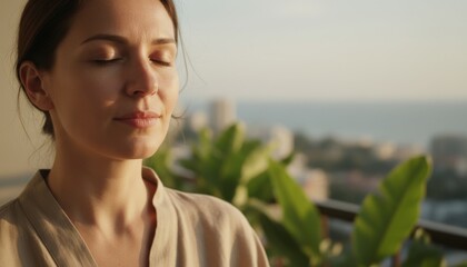 Naklejka premium Woman meditating on hotel balcony with hands in prayer pose and soft sunlight for calm focus