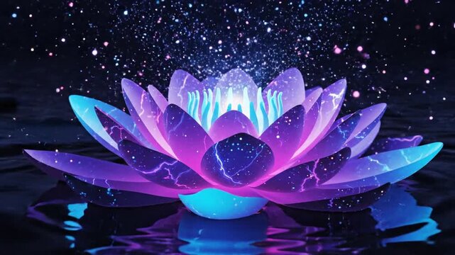 Glowing lotus flower floating on dark water under a starry night sky with a vibrant purple and blue neon effect