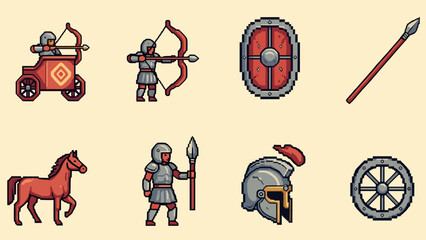 Naklejka premium Retro pixel art medieval warriors and weapons set