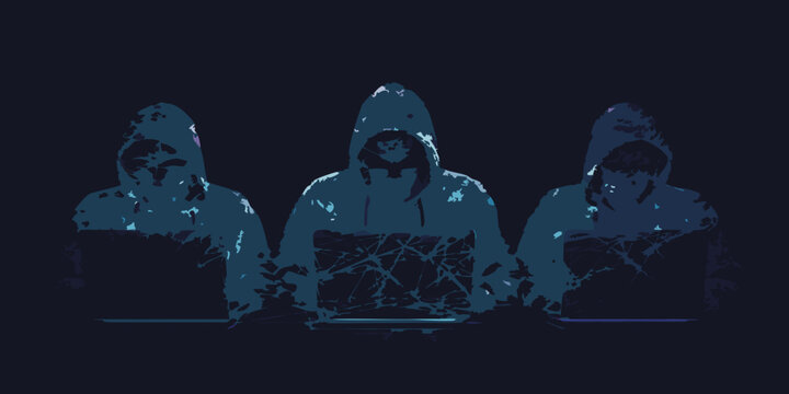Three hooded figures working on laptops in a dimly lit digital environment