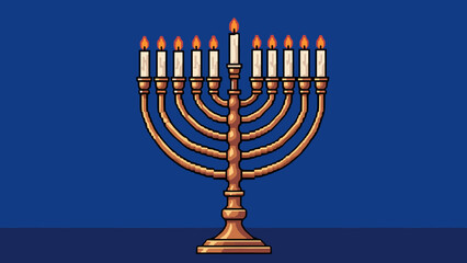 Fototapeta premium Pixel art menorah with lit candles on blue background