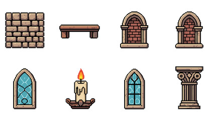 Naklejka premium Pixel art medieval elements: brick wall, wooden shelf, windows, candle, and column