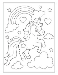 Fototapeta premium Cute Unicorn Jumping Over Clouds and Rainbow Coloring Page for Kids with Hearts and Stars.