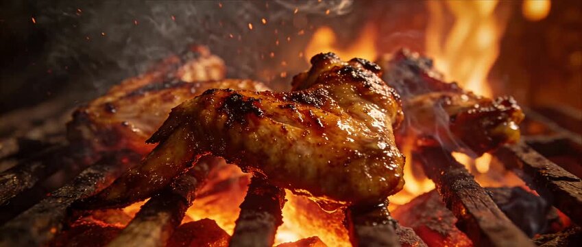 Grilled chicken wing food barbecue closeup cinematic cooking commercial shot, sizzling glaze on hot grill grate with flame and smoke, golden skin over ember heat, outdoor firelight mood