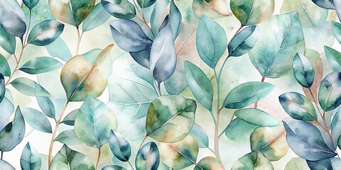 Seamless watercolor pattern of eucalyptus leaves in shades of blue, green, and brown