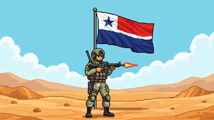 Naklejka premium Pixel art soldier with panama flag in desert scene