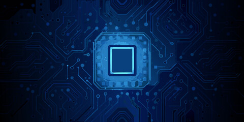Abstract blue circuit board pattern with a central processor highlighted