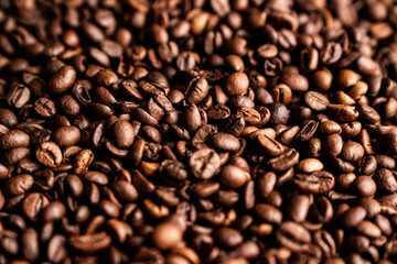 Fototapeta premium Freshly roasted coffee beans in a close-up view on a wooden surface