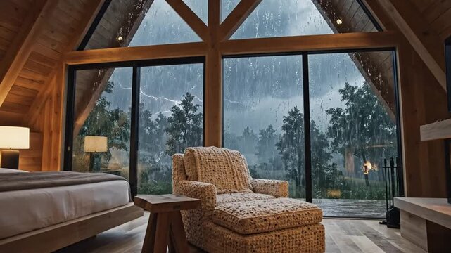 Cozy wooden cabin interior with a roaring fireplace, vaulted glass wall, snow outside, plush chair!!