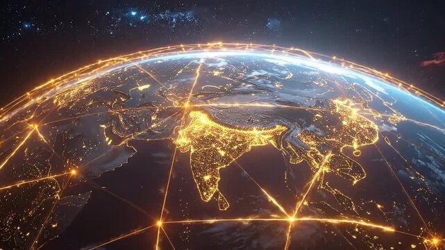 Global network connections illuminate the earth, symbolizing international communication and technology.