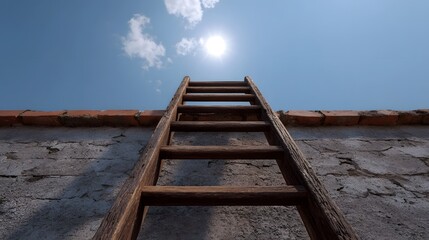 A wooden ladder leans against a textured brick wall aiming towards the bright sun in a clear blue sky