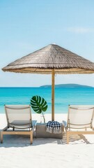 Minimalist Ash Wood Loungers on High-Key White Sand Beach with Expansive Azure Sky Copy Space