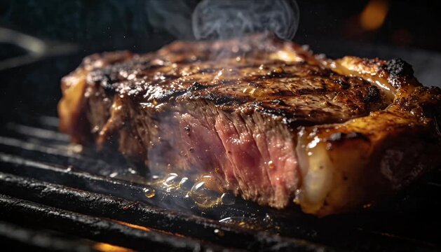 Grilled steak food barbecue close up cinematic cooking with sizzling smoke on grill grate, juicy sear and fat drip, hot beef steak commercial for food photography, marketing, menu promotion