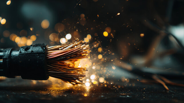 severed. Severed electrical cable with sparks from exposed copper wires. product launch decks, UI/UX mockups, designed for product launches and innovation pitches, highlights innovation.
