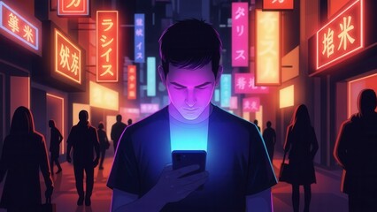 Obraz premium Digital immersion in an urban nightscape, a man captivated by his phone's glow under dazzling neon