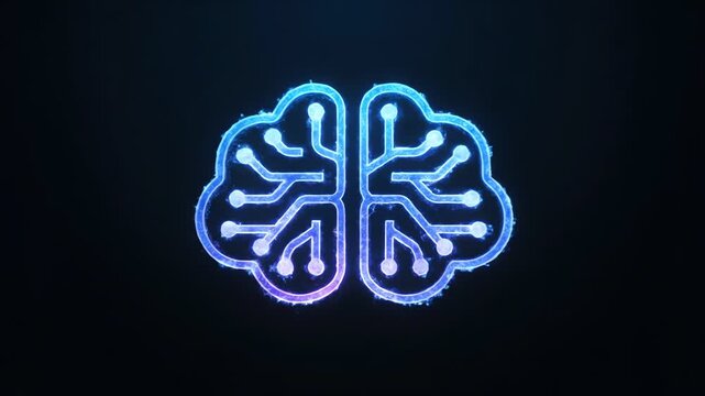 Neon-lit circuit brain logo on a sleek black background with purple and blue hues.