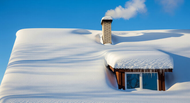 Heavy winter blanket: snow-covered roof after a winter blizzard, with a chimney against a clear blue sky. Snow covers the roof and window on a sunny day