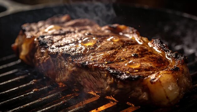 Grilled steak barbecue grill close up cinematic cooking commercial food shot of sizzling ribeye beef on hot grate, smoke and flame, melted butter, rich sear and char for menu advertising