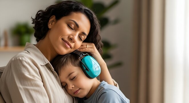 Loving mother hugging her autistic son, finding comfort and connection in a peaceful embrace, illustrating a strong family bond concept