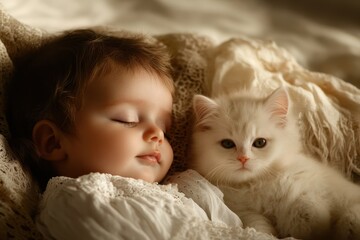 Sweet moment of a baby and a fluffy kitten resting together in soft light