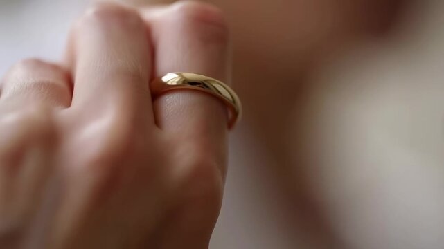 Close-up of a hand wearing a gold wedding band, symbolizing love and commitment in a romantic relationship. Perfect for wedding and engagement themes