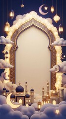 A dreamlike, ornate arch featuring intricate golden geometric patterns provides a elegant central frame with ample copy space. The captivating scene is set against a serene, deep blue night sky, beaut